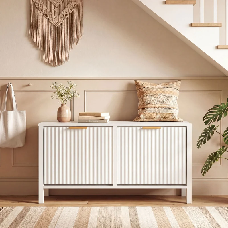 Shoe Storage Bench Narrow Wooden Entryway Bench with 2 Flip Drawers, White