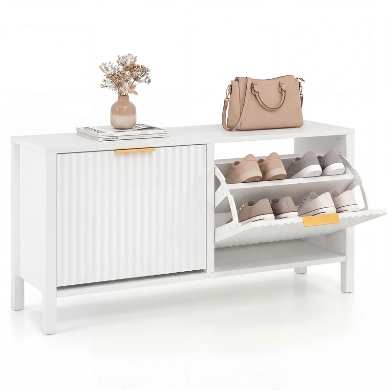 Shoe Storage Bench Narrow Wooden Entryway Bench with 2 Flip Drawers, White