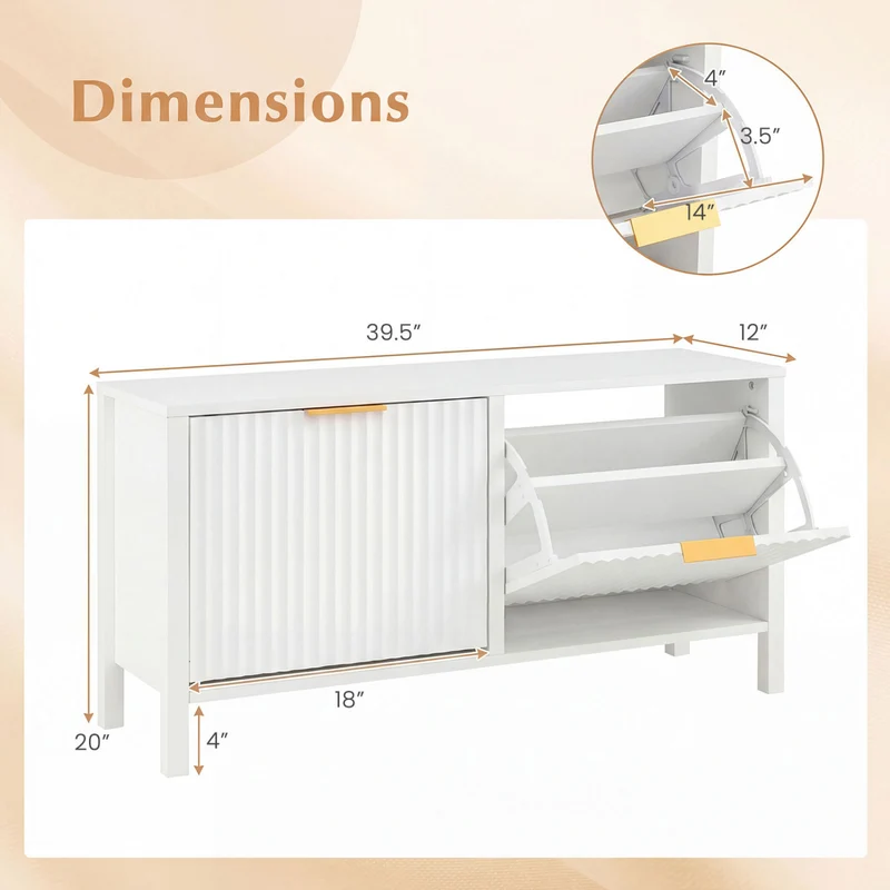 Shoe Storage Bench Narrow Wooden Entryway Bench with 2 Flip Drawers, White