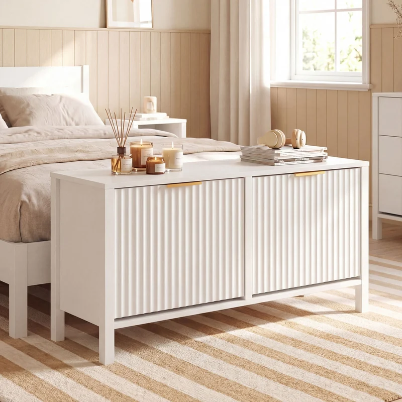 Shoe Storage Bench Narrow Wooden Entryway Bench with 2 Flip Drawers, White