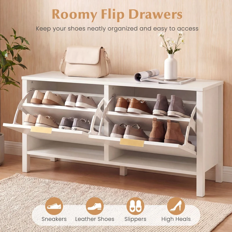 Shoe Storage Bench Narrow Wooden Entryway Bench with 2 Flip Drawers, White