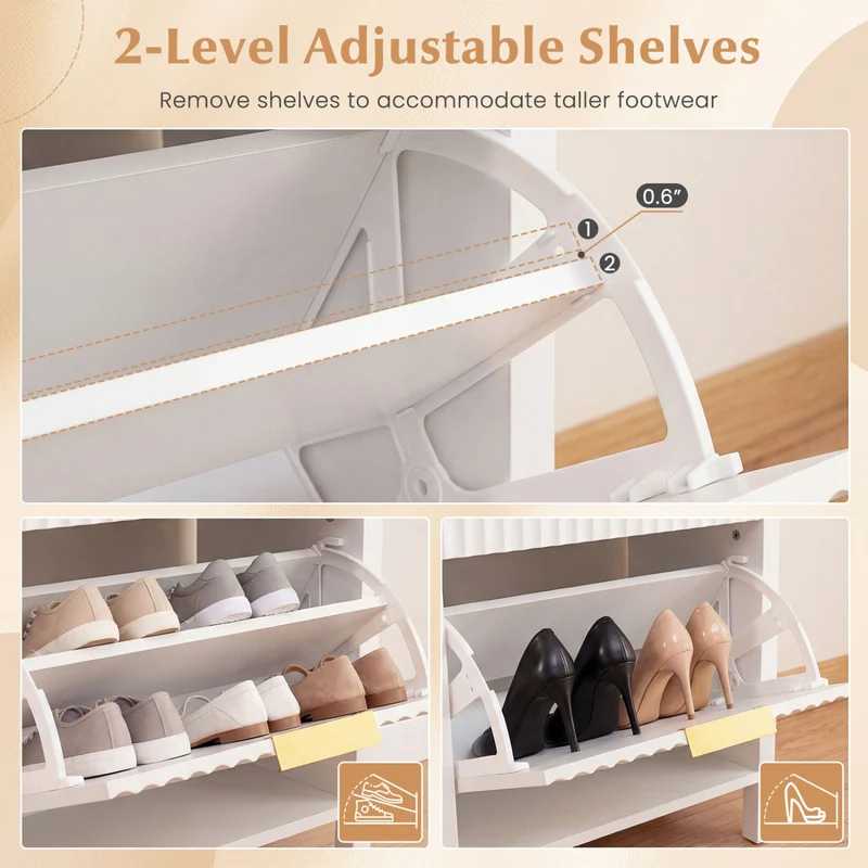 Shoe Storage Bench Narrow Wooden Entryway Bench with 2 Flip Drawers, White