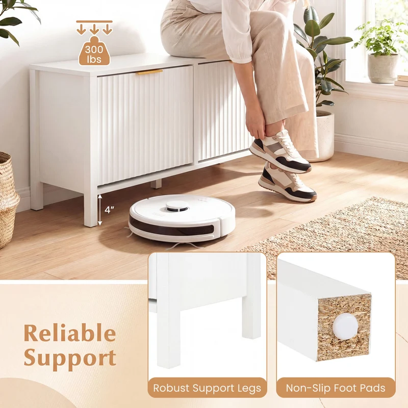 Shoe Storage Bench Narrow Wooden Entryway Bench with 2 Flip Drawers, White