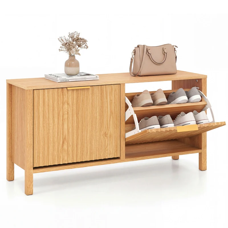 Shoe Storage Bench Narrow Wooden Entryway Bench with 2 Flip Drawers, Brown