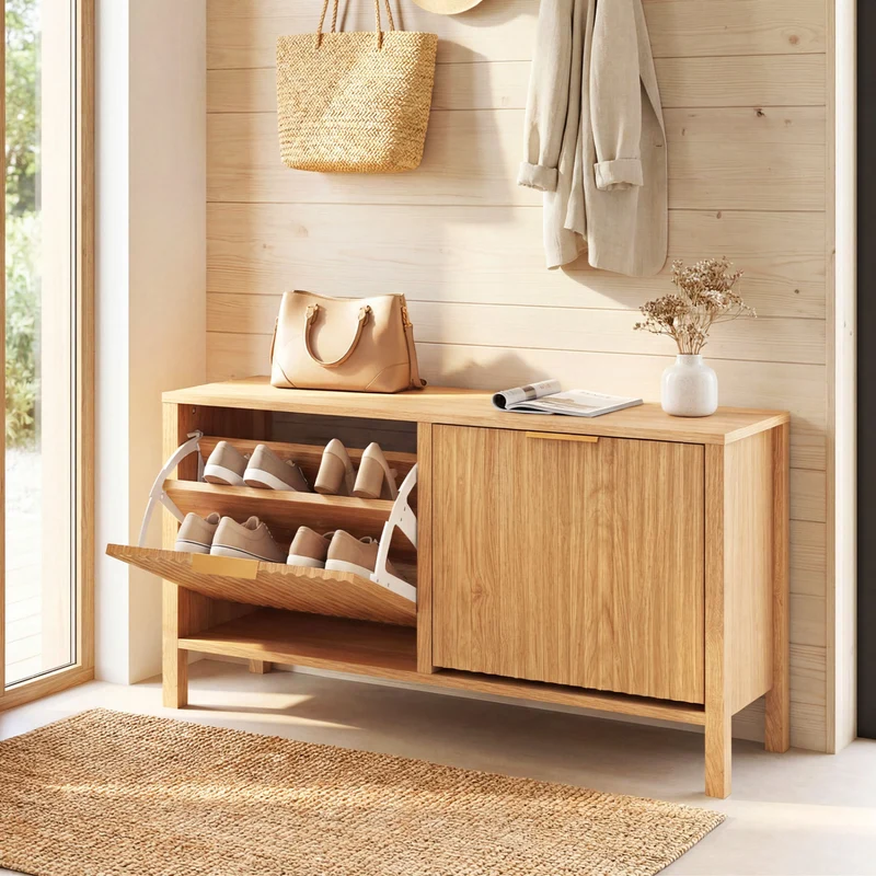 Shoe Storage Bench Narrow Wooden Entryway Bench with 2 Flip Drawers, Brown