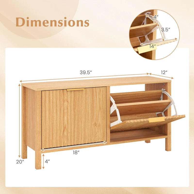 Shoe Storage Bench Narrow Wooden Entryway Bench with 2 Flip Drawers, Brown