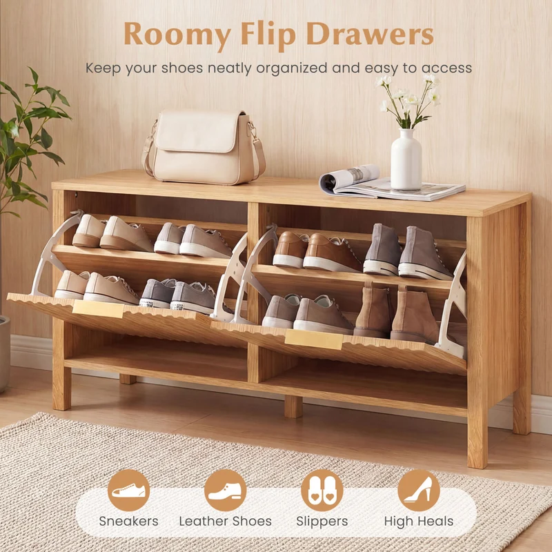 Shoe Storage Bench Narrow Wooden Entryway Bench with 2 Flip Drawers, Brown