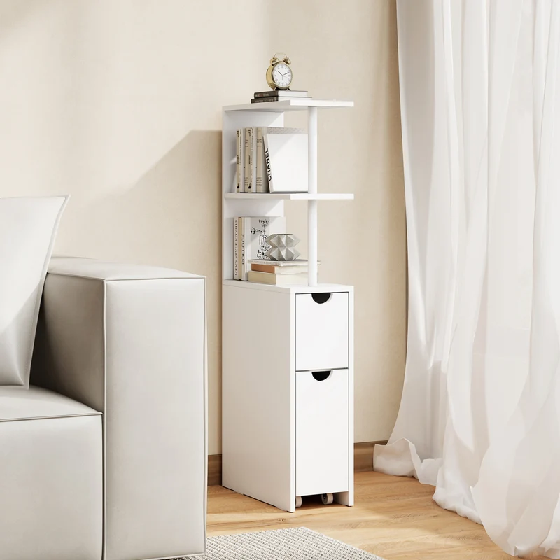 Slim Storage Freestanding Bathroom Cabinet with Open Shelves, White