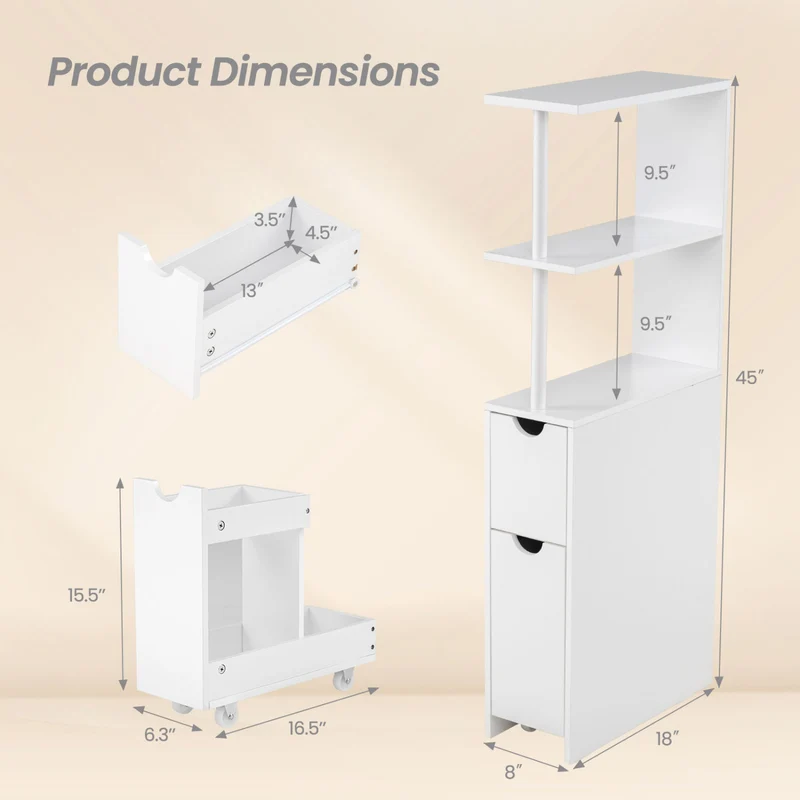 Slim Storage Freestanding Bathroom Cabinet with Open Shelves, White