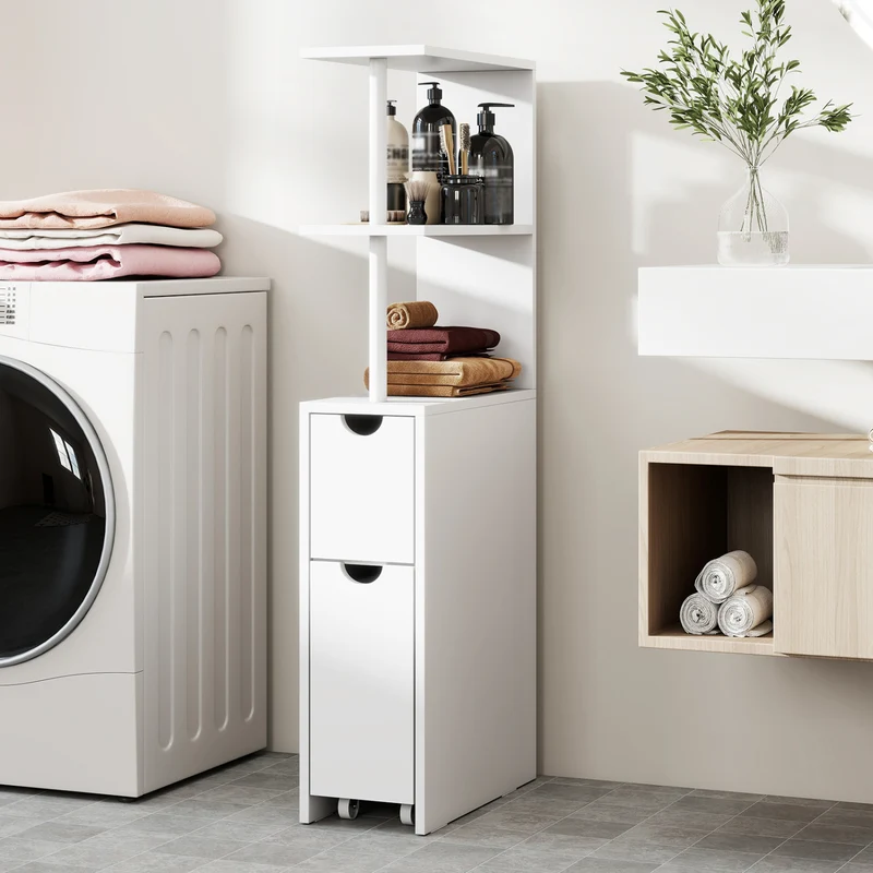 Slim Storage Freestanding Bathroom Cabinet with Open Shelves, White
