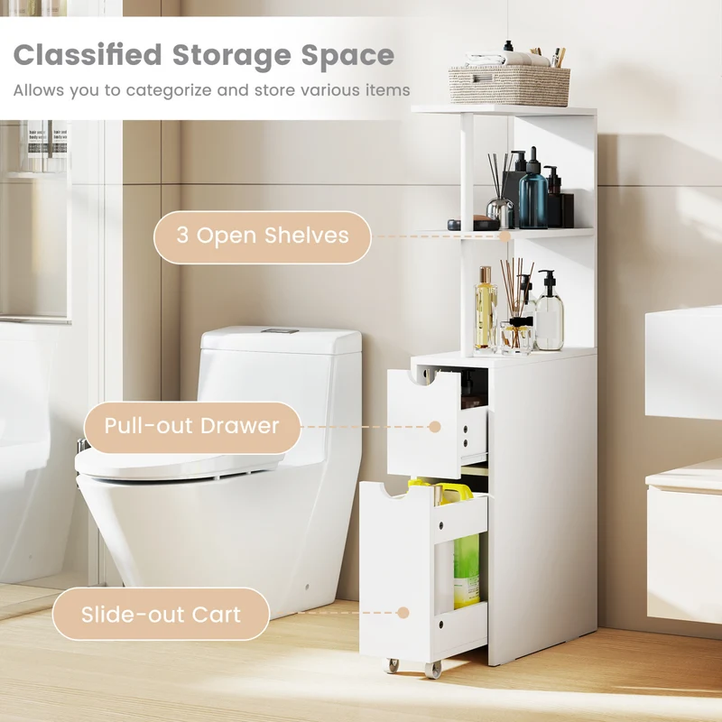Slim Storage Freestanding Bathroom Cabinet with Open Shelves, White