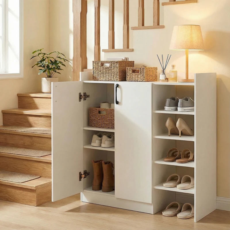 Shoe Cabinet with 2 Doors Shoe Storage Organizer with 2 Adjustable Inner Shelves, White