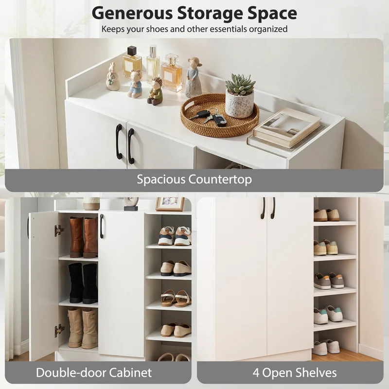 Shoe Cabinet with 2 Doors Shoe Storage Organizer with 2 Adjustable Inner Shelves, White