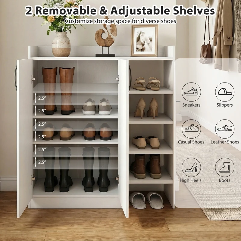Shoe Cabinet with 2 Doors Shoe Storage Organizer with 2 Adjustable Inner Shelves, White