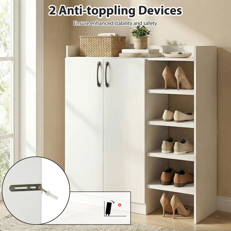 Shoe Cabinet with 2 Doors Shoe Storage Organizer with 2 Adjustable Inner Shelves, White
