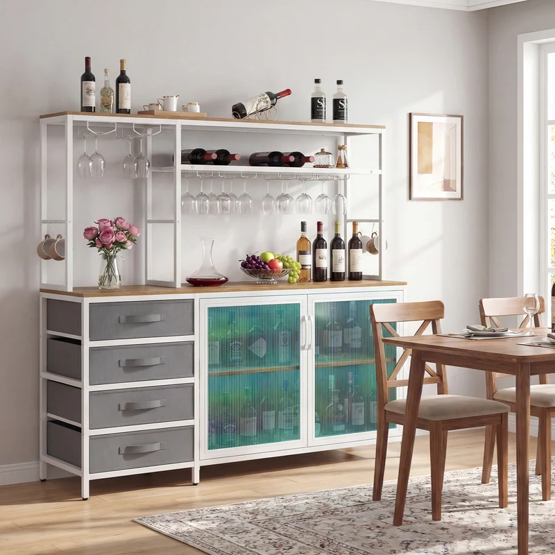 Sideboard Buffet Cabinet with LED Lights 55 inch Coffee Table with Power Outlets, Natural