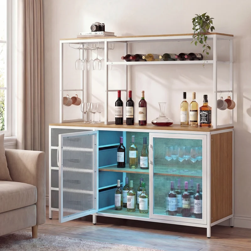 Sideboard Buffet Cabinet with LED Lights 55 inch Coffee Table with Power Outlets, Natural