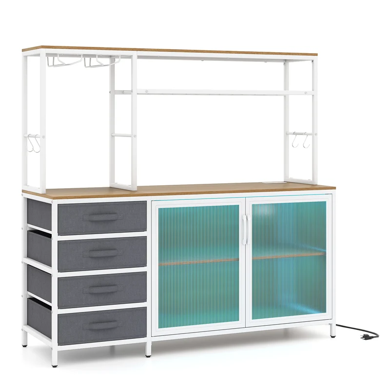 Sideboard Buffet Cabinet with LED Lights 55 inch Coffee Table with Power Outlets, Natural