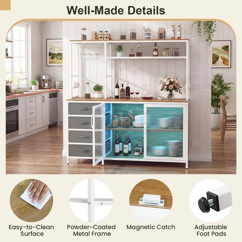 Sideboard Buffet Cabinet with LED Lights 55 inch Coffee Table with Power Outlets, Natural