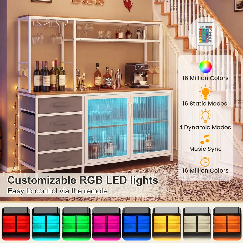 Sideboard Buffet Cabinet with LED Lights 55 inch Coffee Table with Power Outlets, Natural