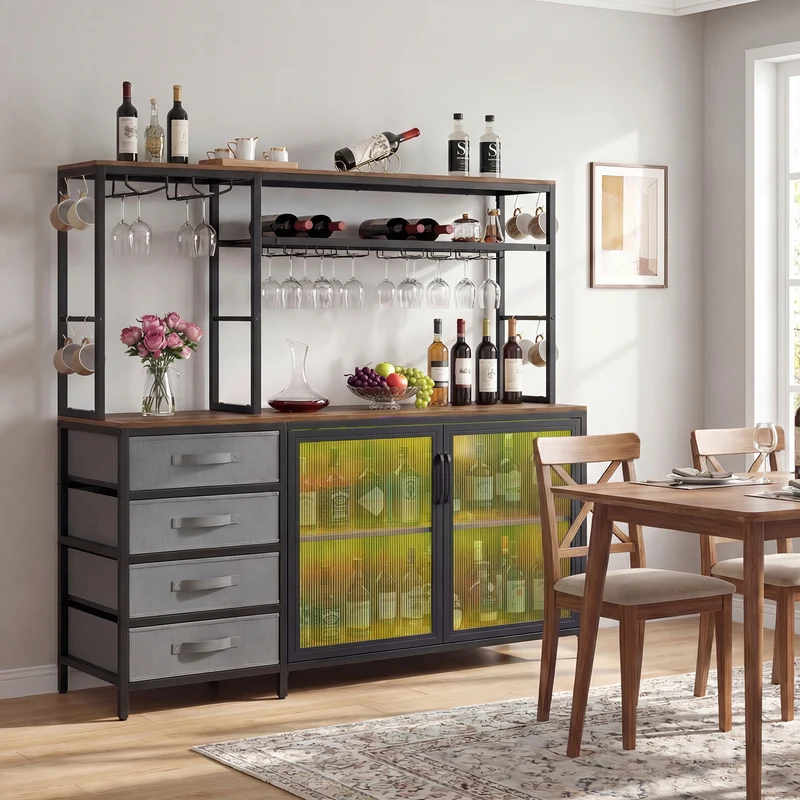 Sideboard Buffet Cabinet with LED Lights 55 inch Coffee Table with Power Outlets, Rustic Brown