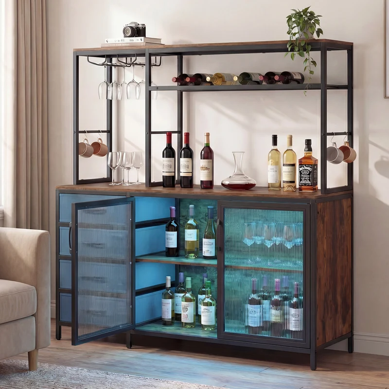 Sideboard Buffet Cabinet with LED Lights 55 inch Coffee Table with Power Outlets, Rustic Brown