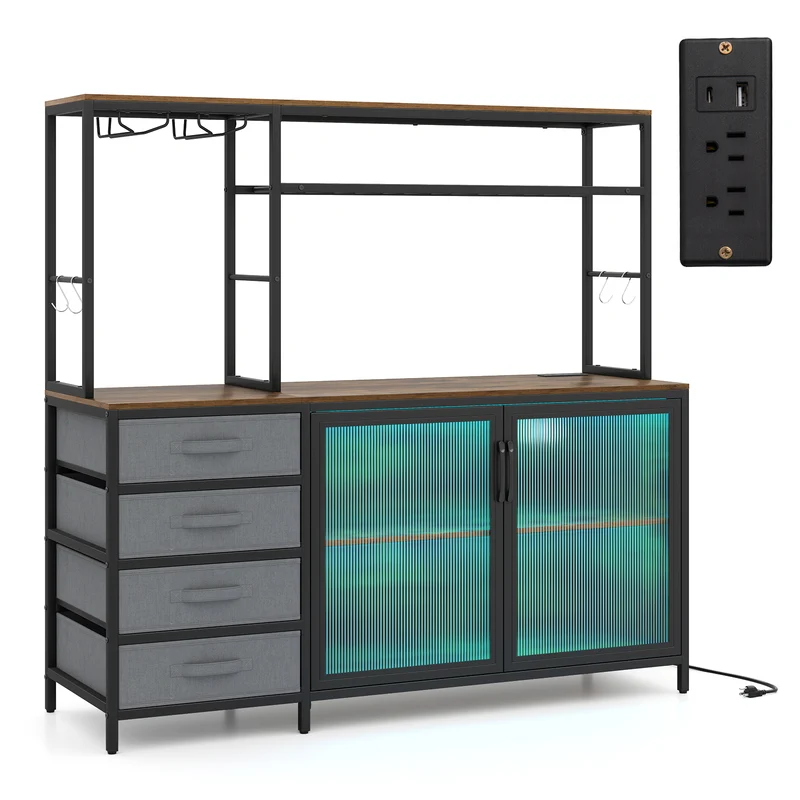 Sideboard Buffet Cabinet with LED Lights 55 inch Coffee Table with Power Outlets, Rustic Brown