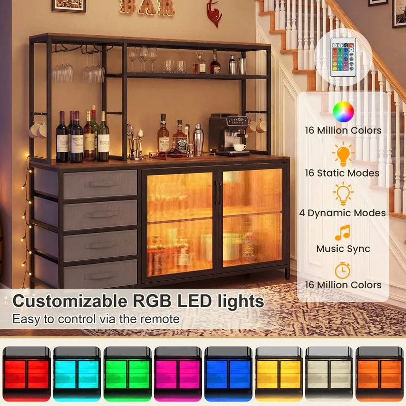 Sideboard Buffet Cabinet with LED Lights 55 inch Coffee Table with Power Outlets, Rustic Brown