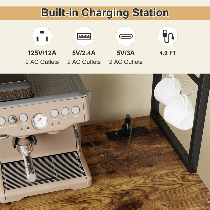 Sideboard Buffet Cabinet with LED Lights 55 inch Coffee Table with Power Outlets, Rustic Brown