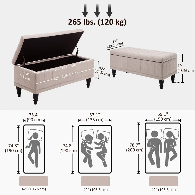 Beige Linen Storage Ottoman Bench, 42"x17"x19", Beige