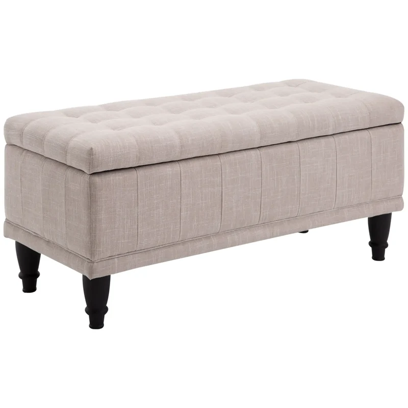 Beige Linen Storage Ottoman Bench, 42"x17"x19", Beige