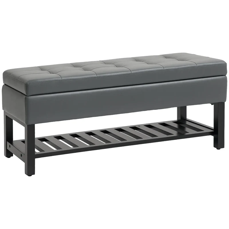 44 PU Leather Tufted Ottoman, Shoe Bench, Storage Chest, Grey