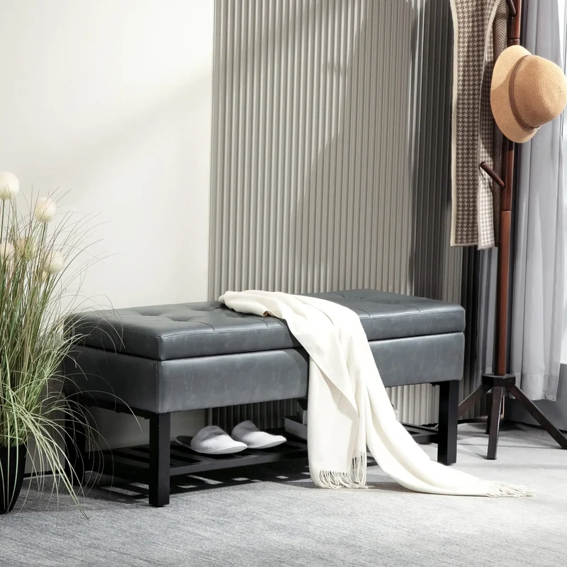 44 PU Leather Tufted Ottoman, Shoe Bench, Storage Chest, Grey