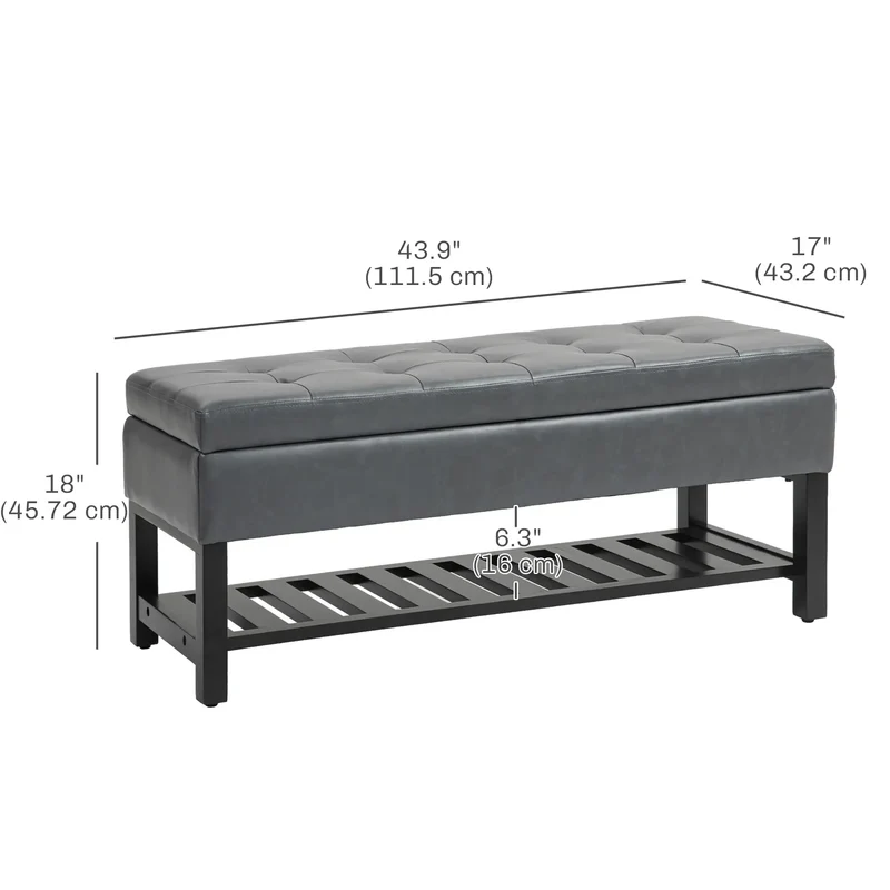 44 PU Leather Tufted Ottoman, Shoe Bench, Storage Chest, Grey