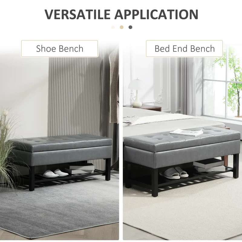44 PU Leather Tufted Ottoman, Shoe Bench, Storage Chest, Grey