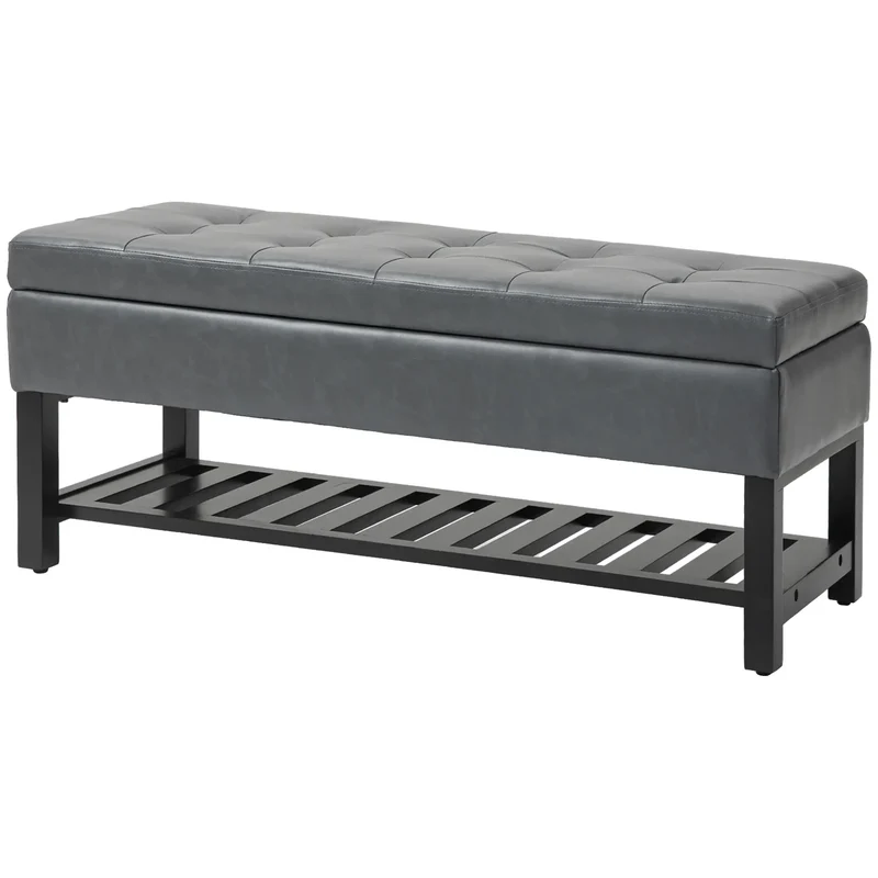 44 PU Leather Tufted Ottoman, Shoe Bench, Storage Chest, Grey