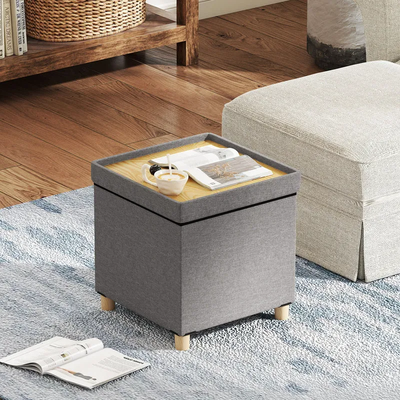 18 Inches Ottoman with Storage and Rubber Wood Legs, Gray