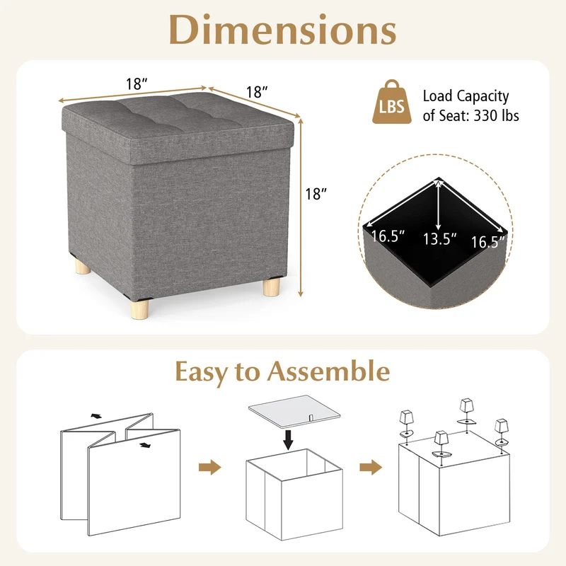 18 Inches Ottoman with Storage and Rubber Wood Legs, Gray