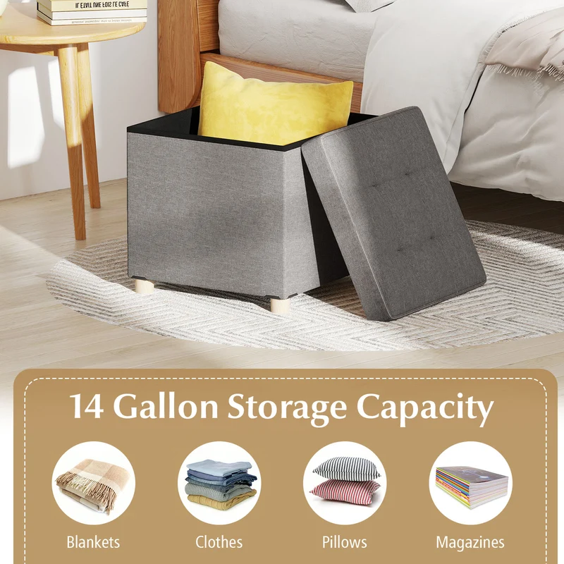 18 Inches Ottoman with Storage and Rubber Wood Legs, Gray