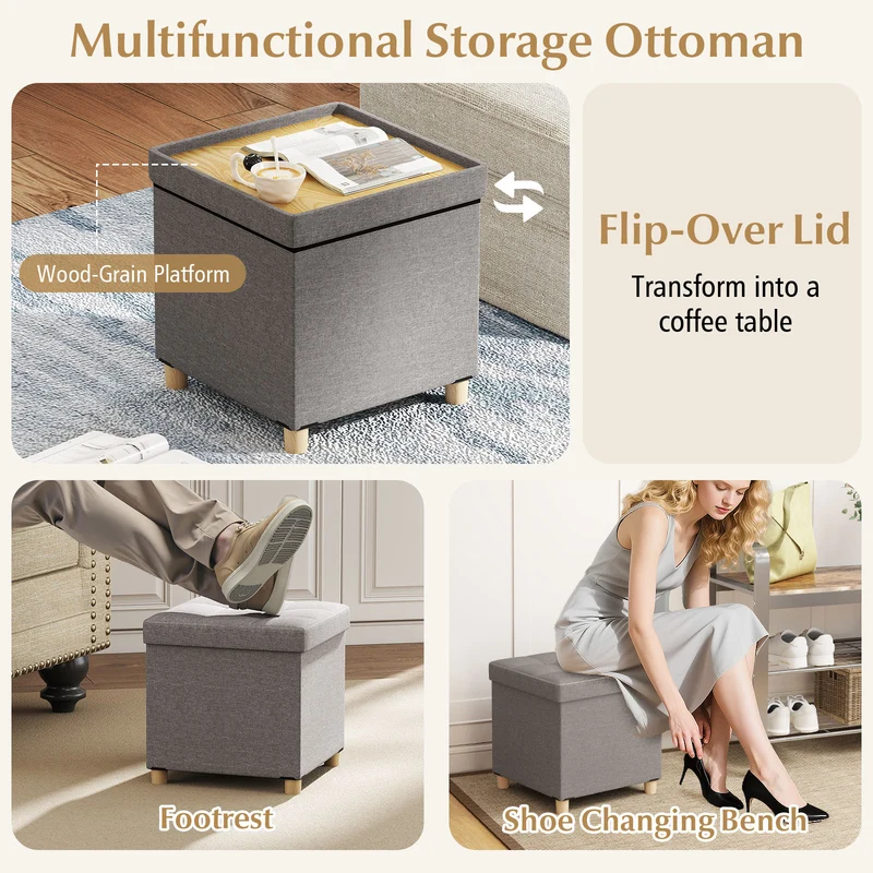 18 Inches Ottoman with Storage and Rubber Wood Legs, Gray