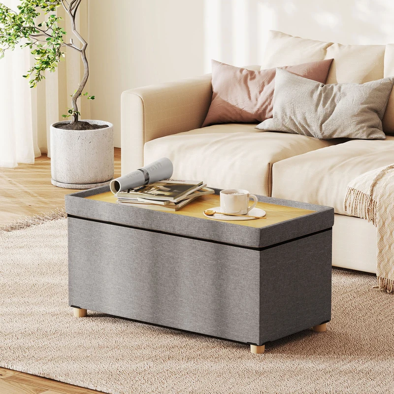 30 Inches Storage Ottoman Bench with Tray and Rubber Wood Legs, Gray