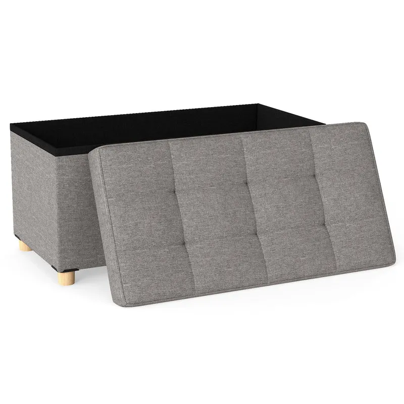 30 Inches Storage Ottoman Bench with Tray and Rubber Wood Legs, Gray