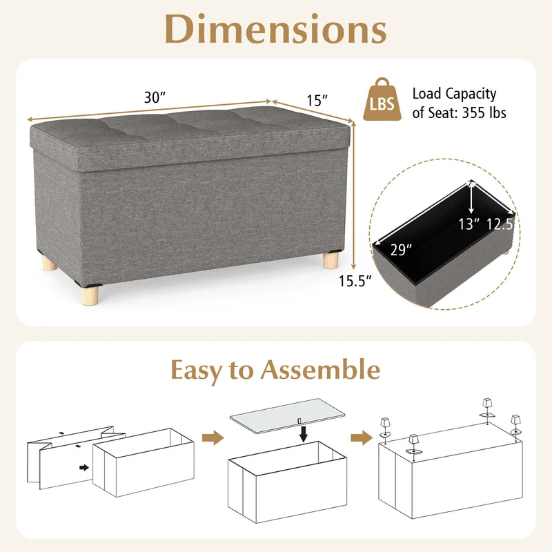 30 Inches Storage Ottoman Bench with Tray and Rubber Wood Legs, Gray