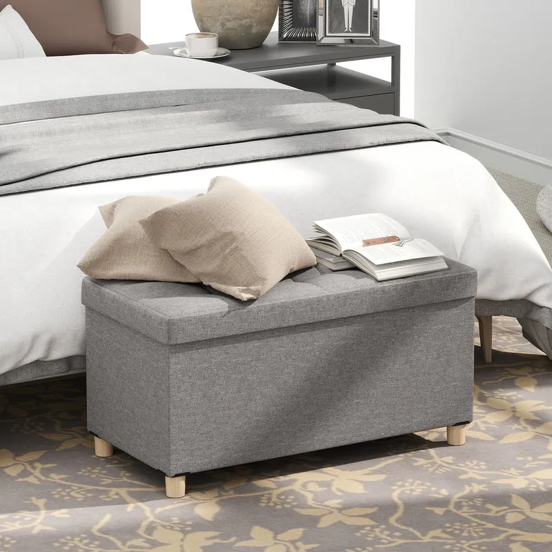 30 Inches Storage Ottoman Bench with Tray and Rubber Wood Legs, Gray