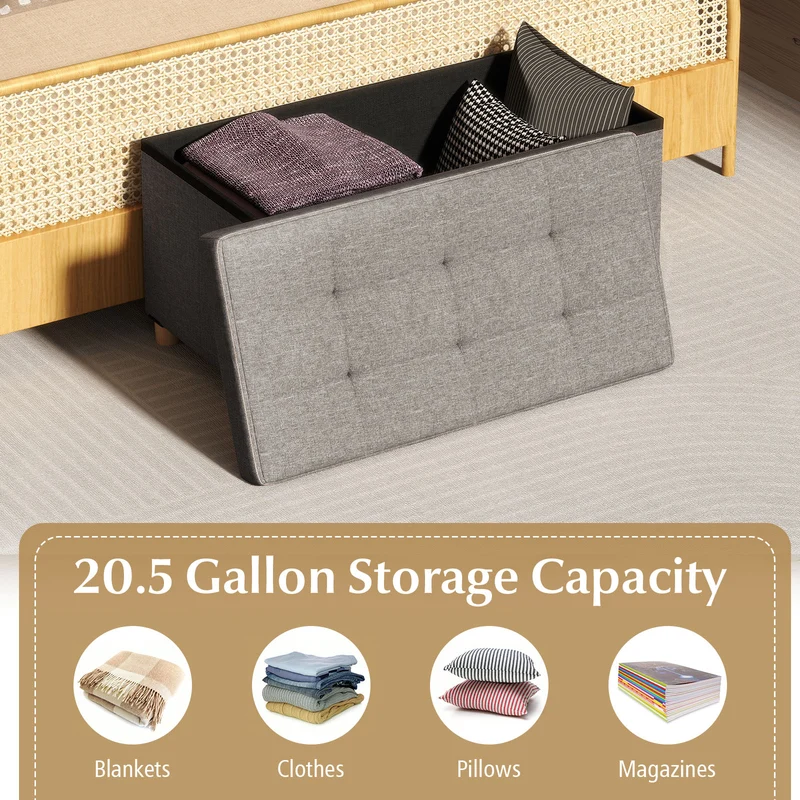 30 Inches Storage Ottoman Bench with Tray and Rubber Wood Legs, Gray