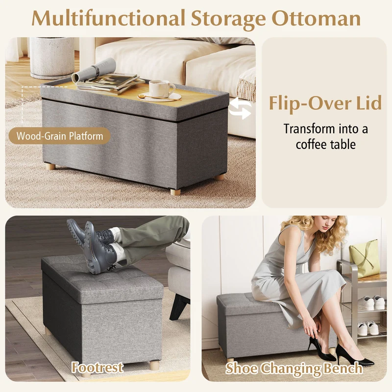 30 Inches Storage Ottoman Bench with Tray and Rubber Wood Legs, Gray