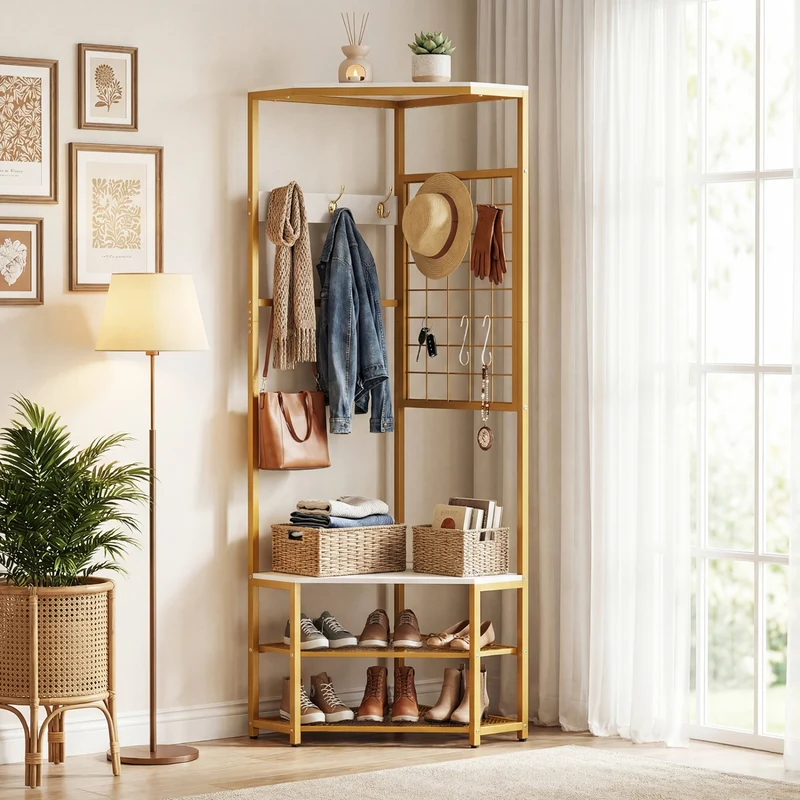Corner Hall Tree Freestanding Coat Rack with Storage Shelves Removable Hooks, White
