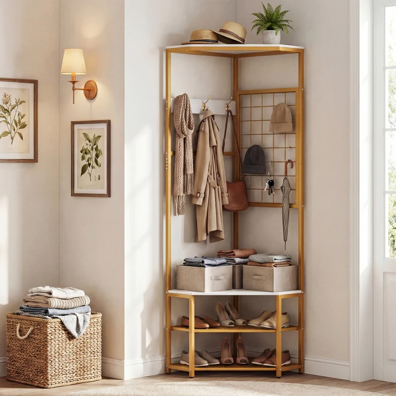 Corner Hall Tree Freestanding Coat Rack with Storage Shelves Removable Hooks, White