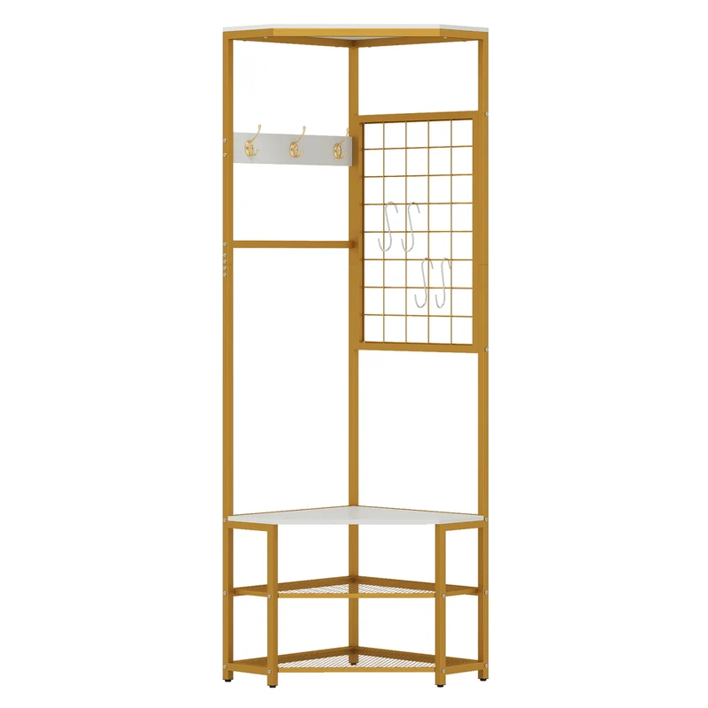 Corner Hall Tree Freestanding Coat Rack with Storage Shelves Removable Hooks, White