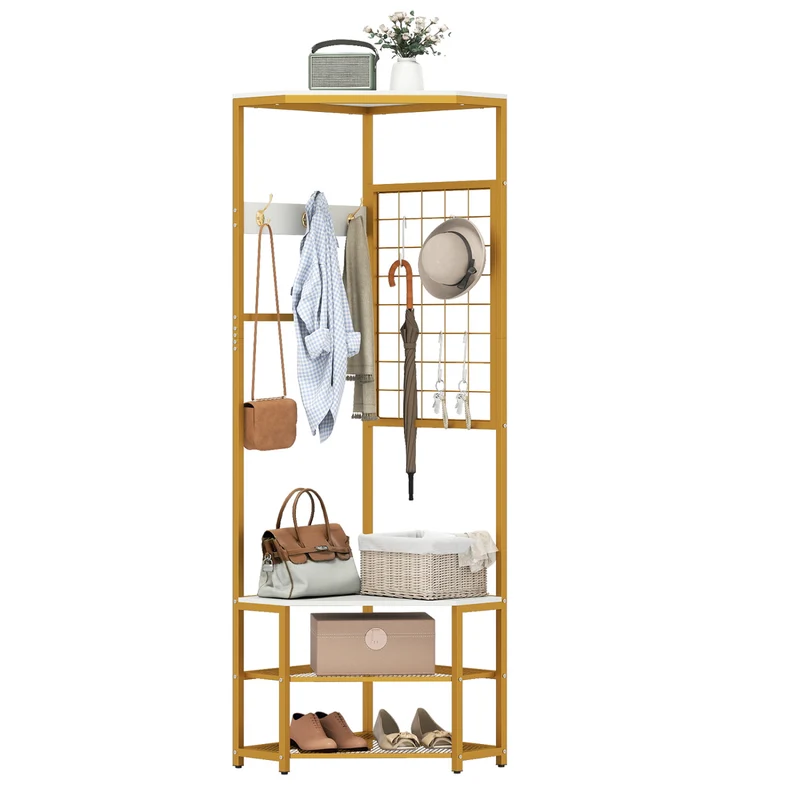 Corner Hall Tree Freestanding Coat Rack with Storage Shelves Removable Hooks, White
